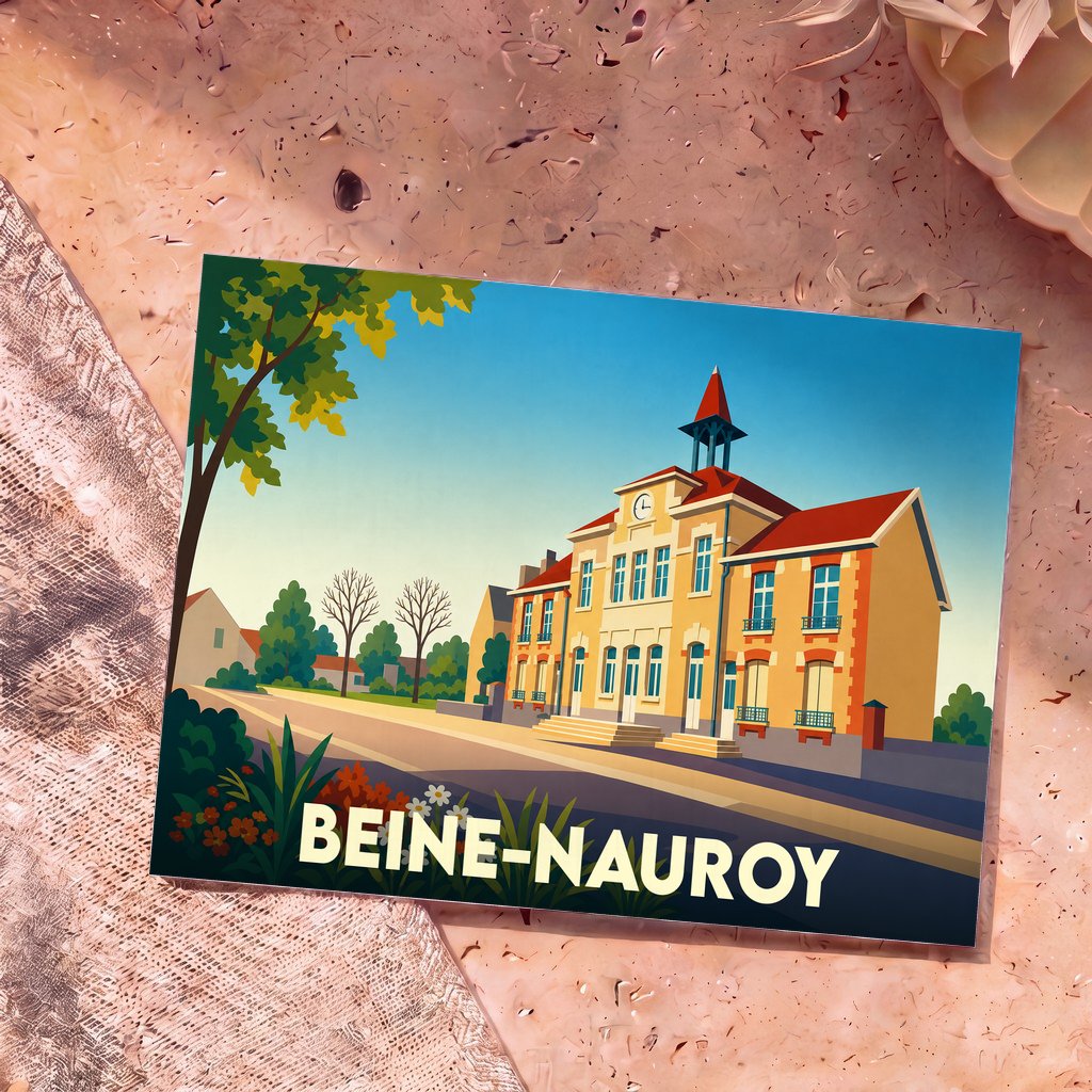 Carte postale souvenir de la ville de Beine-Nauroy avec une illustration stylisée de sa mairie.