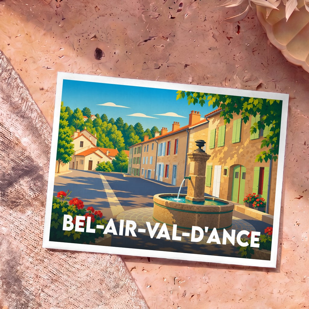 Carte postale souvenir de la ville de Bel-Air-Val-d'Ance avec une illustration stylisée d'une place ensoleillée et sa fontaine.