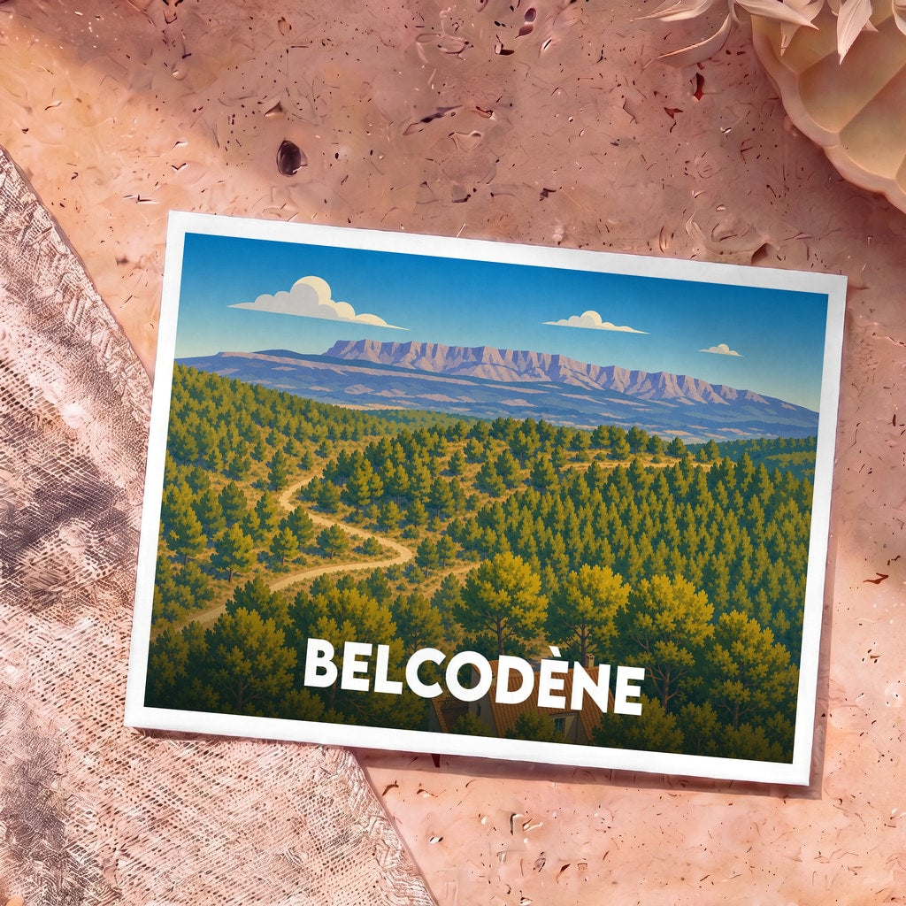 Carte postale souvenir de la ville de Belcodène illustrant une vue panoramique stylisée sur la forêt et la montagne Sainte-Victoire.