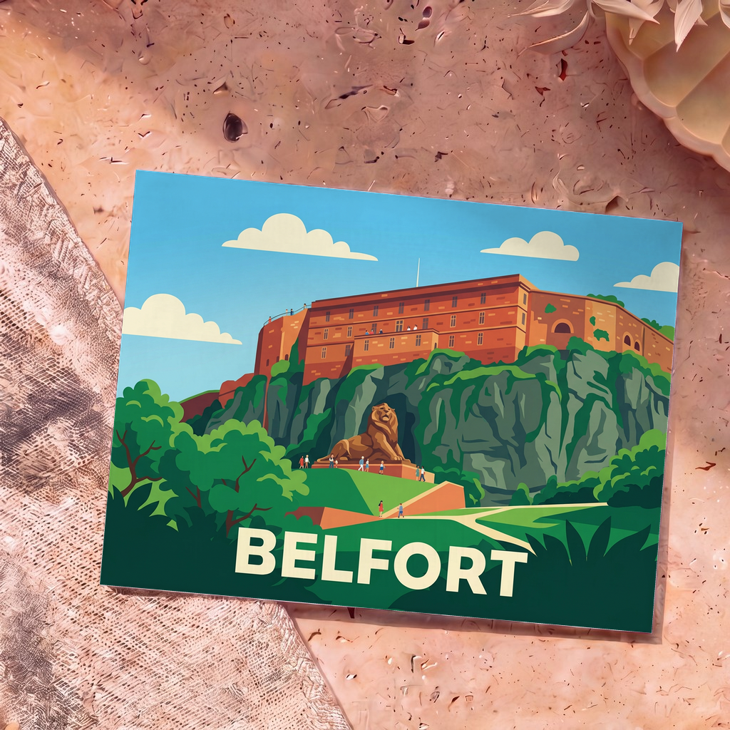 Carte postale souvenir de la ville de Belfort illustrant la Citadelle et le Lion dans un style graphique épuré.