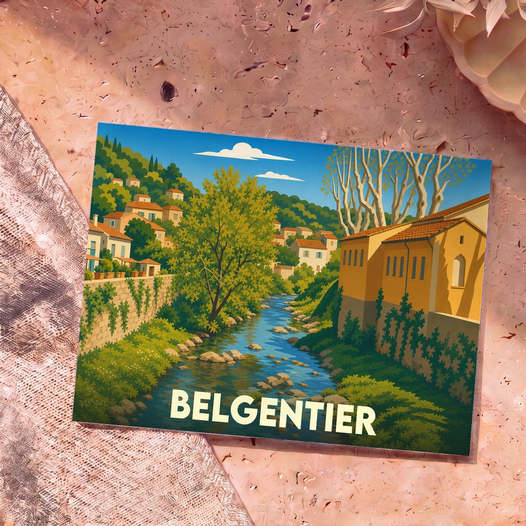 Carte postale souvenir de la ville de Belgentier avec une illustration stylisée d'un cours d'eau traversant le village.