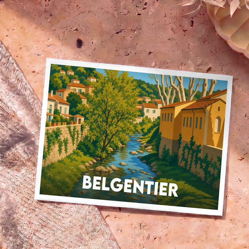 Carte postale souvenir de la ville de Belgentier avec une illustration stylisée d'un cours d'eau traversant le village.