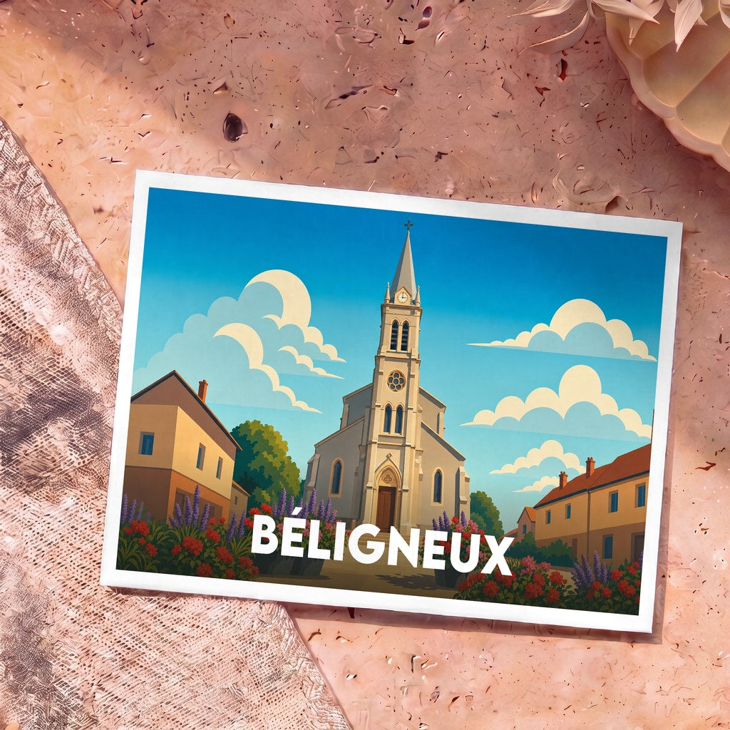 Carte postale souvenir de la ville de Béligneux avec une illustration stylisée de son église et de ses maisons.