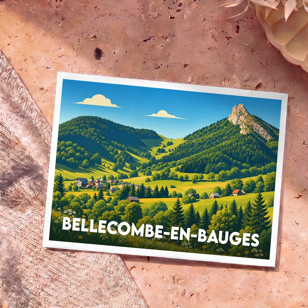 Carte postale souvenir de Bellecombe-en-Bauges illustrant un paysage de montagnes verdoyantes.