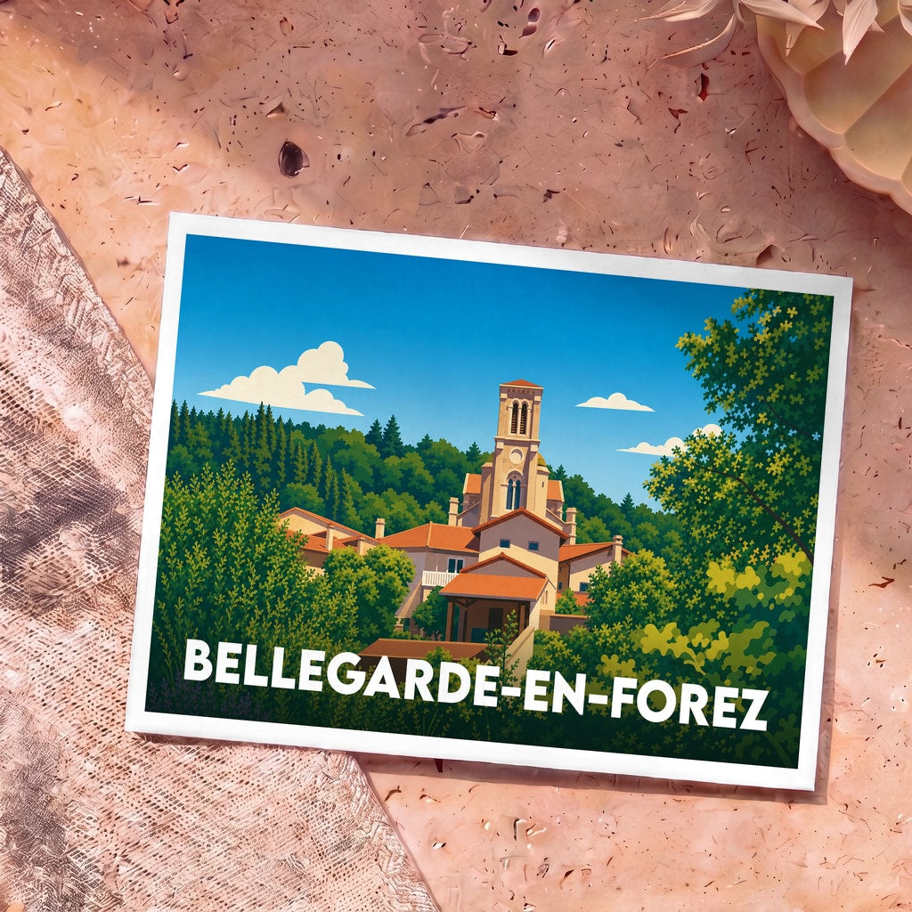 Carte postale souvenir de la ville de Bellegarde-en-Forez avec une illustration stylisée de son église et de son village verdoyant.