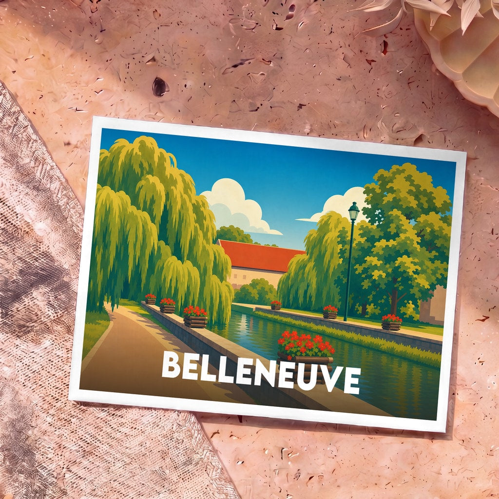 Carte postale souvenir de la ville de Belleneuve avec une illustration stylisée représentant un canal bordé d'arbres.