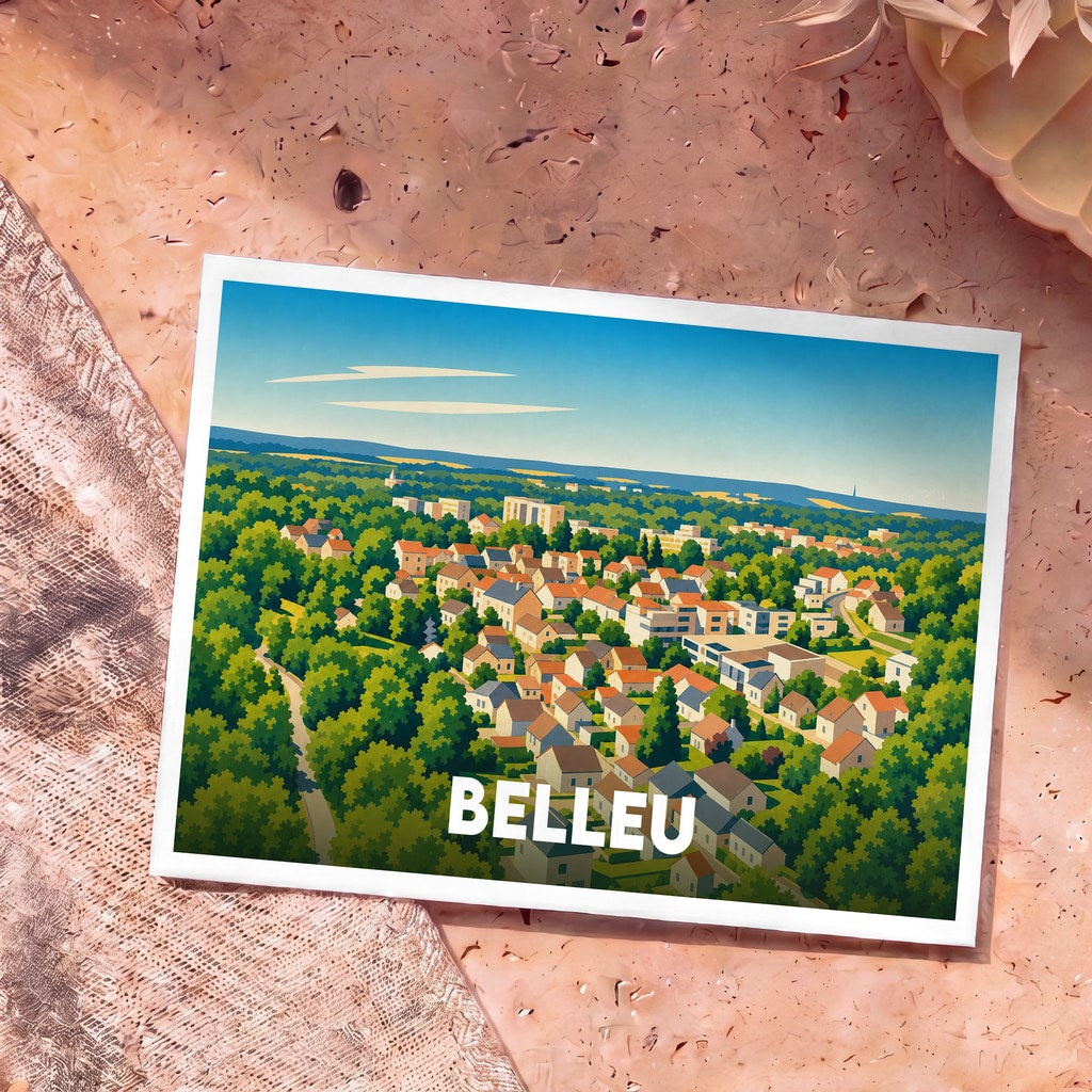 Carte postale souvenir de la ville de Belleu avec une illustration stylisée d'un paysage urbain verdoyant.