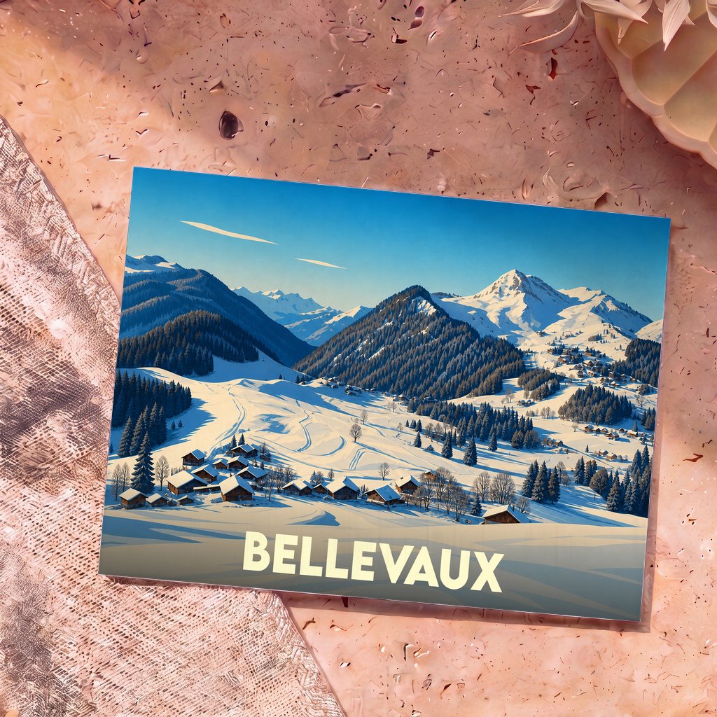 Carte postale souvenir de la ville de Bellevaux avec une illustration hivernale stylisée de montagnes enneigées.