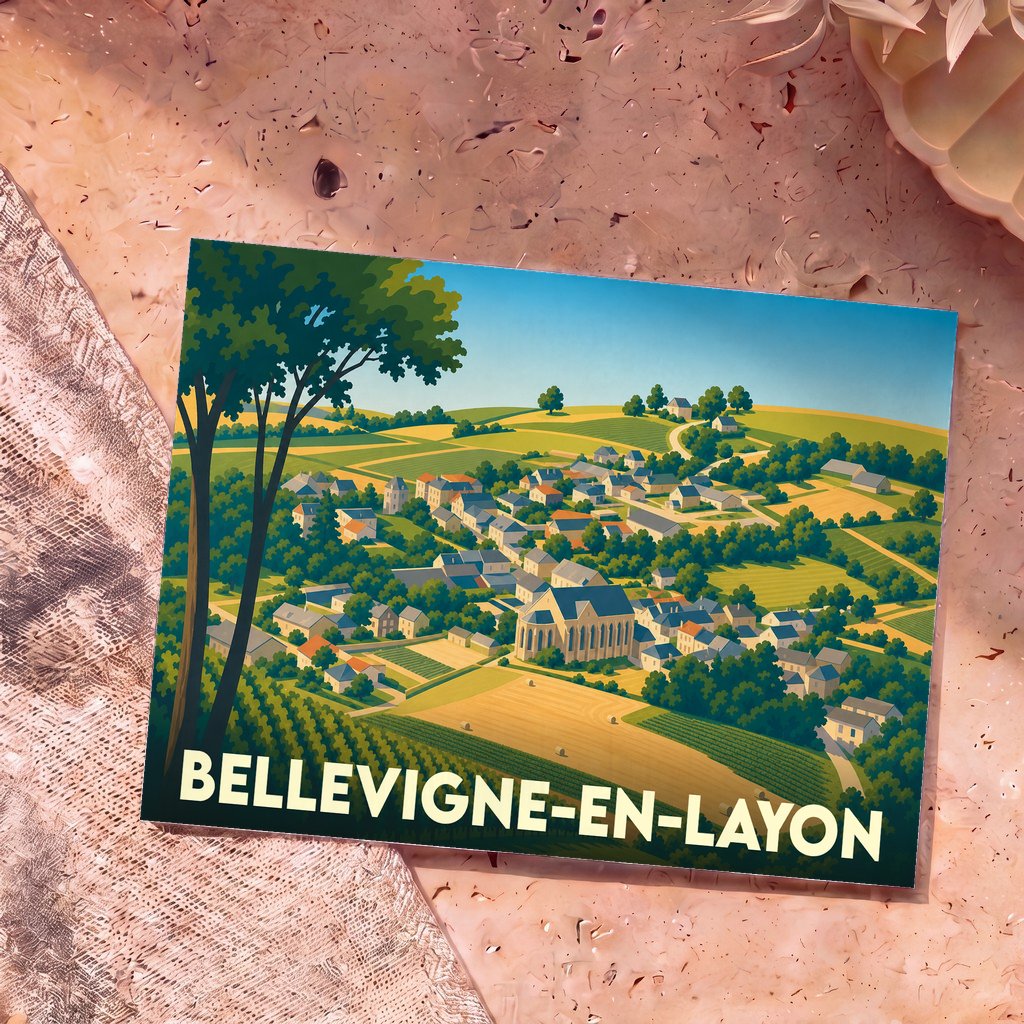 Carte postale souvenir de la ville de Bellevigne-en-Layon avec une illustration stylisée de son paysage vallonné.