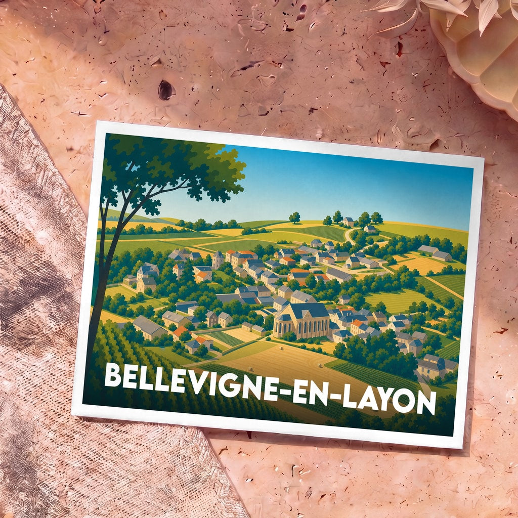 Carte postale souvenir de la ville de Bellevigne-en-Layon avec une illustration stylisée de son paysage vallonné.