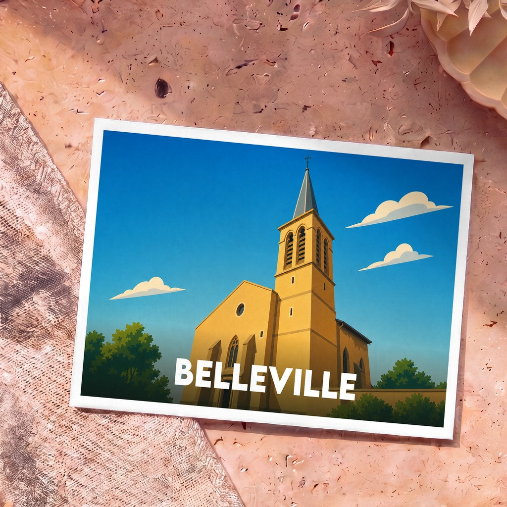 Carte postale souvenir de la ville de Belleville avec une illustration stylisée d'une église sous un ciel bleu.