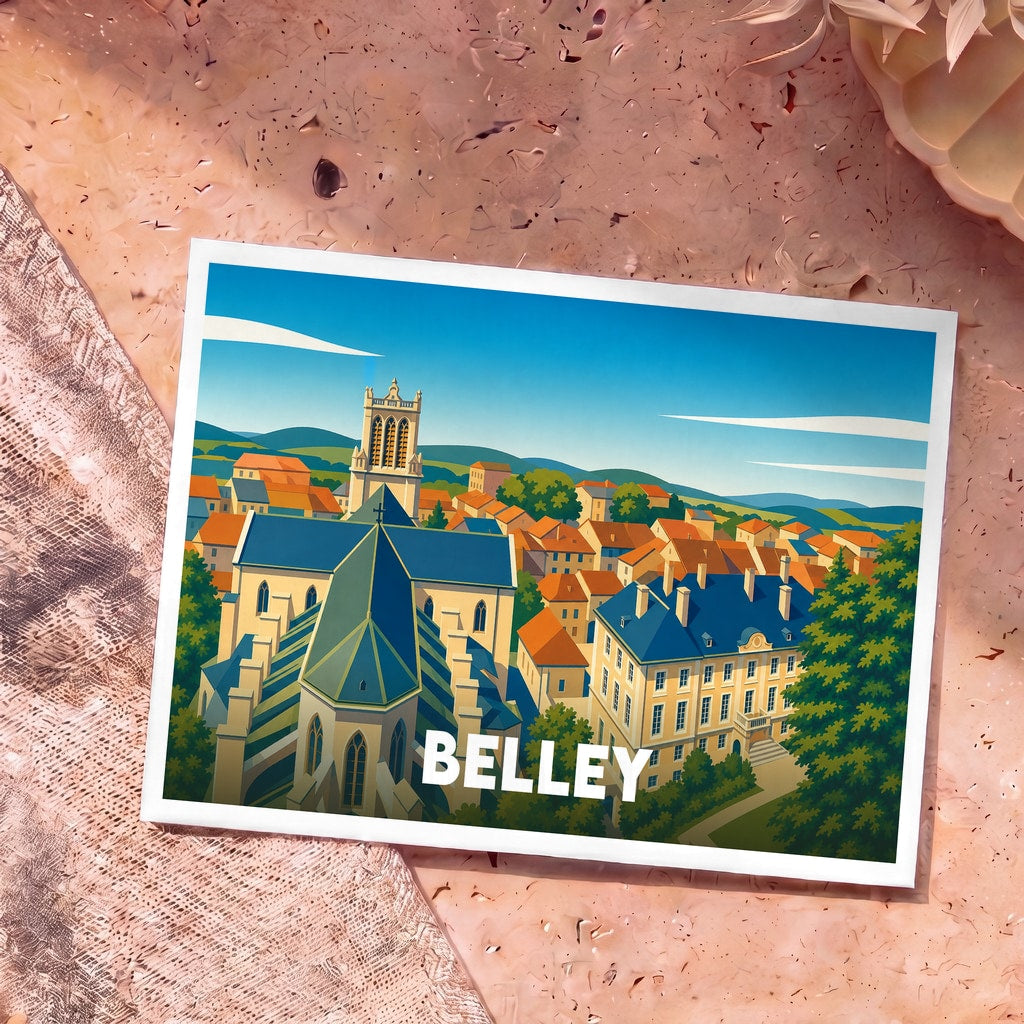 Carte postale souvenir de la ville de Belley avec une illustration colorée et stylisée de son architecture.
