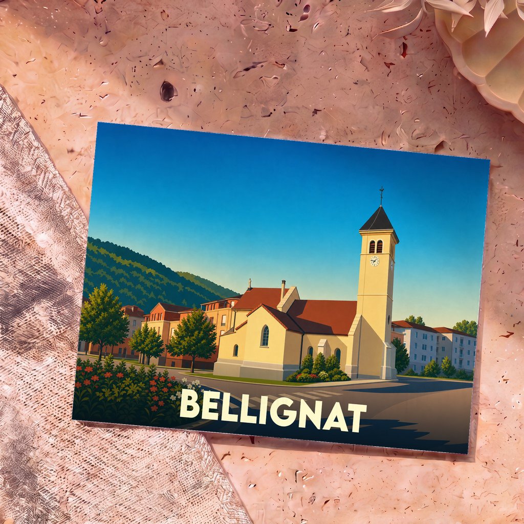 Carte postale souvenir de la ville de Bellignat illustrant une église et ses montagnes environnantes dans un style graphique épuré.
