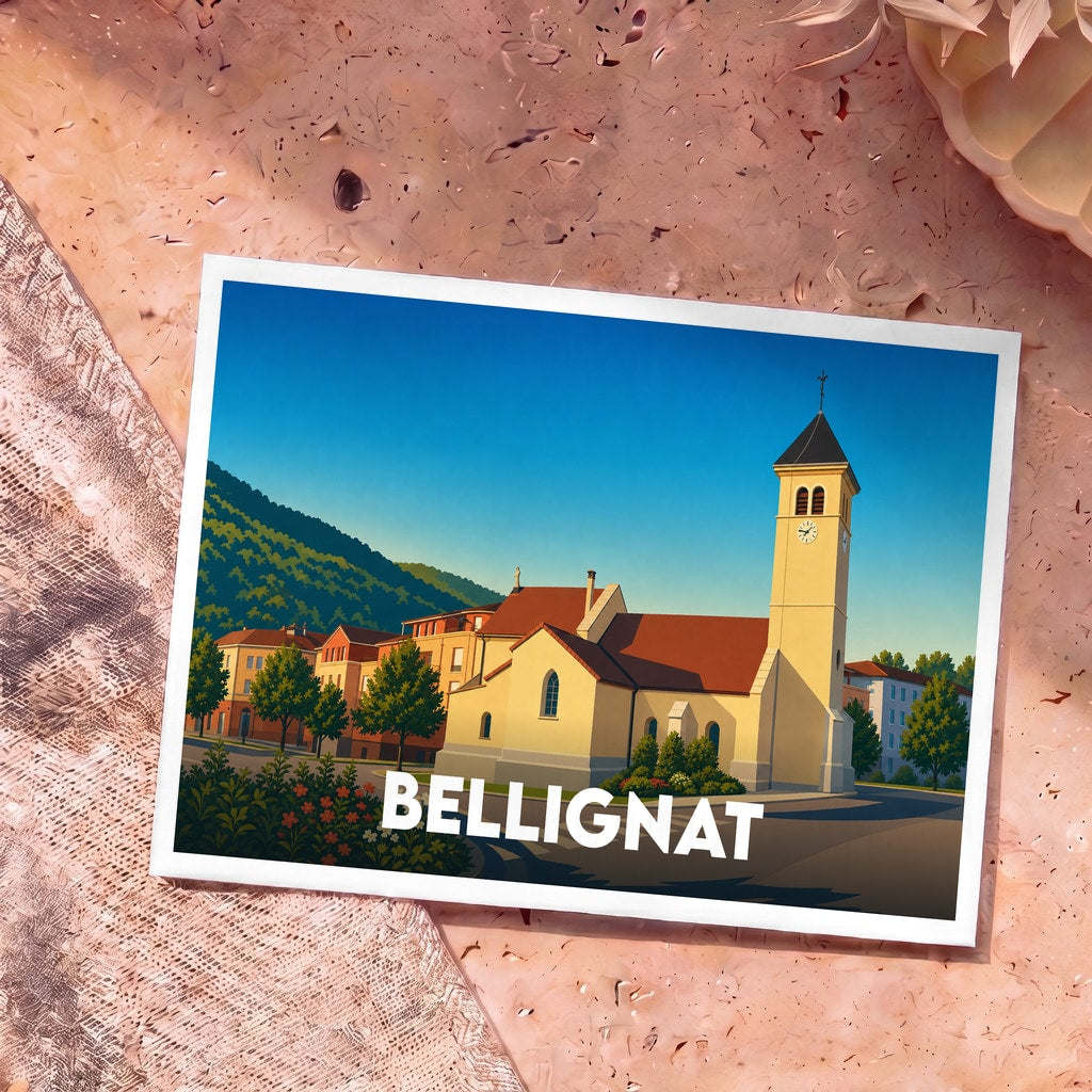 Carte postale souvenir de la ville de Bellignat illustrant une église et ses montagnes environnantes dans un style graphique épuré.