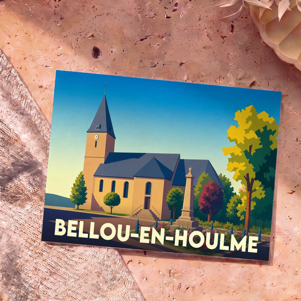 Carte postale souvenir de la ville de Bellou-en-Houlme avec une illustration stylisée de son église et de son monument aux morts.
