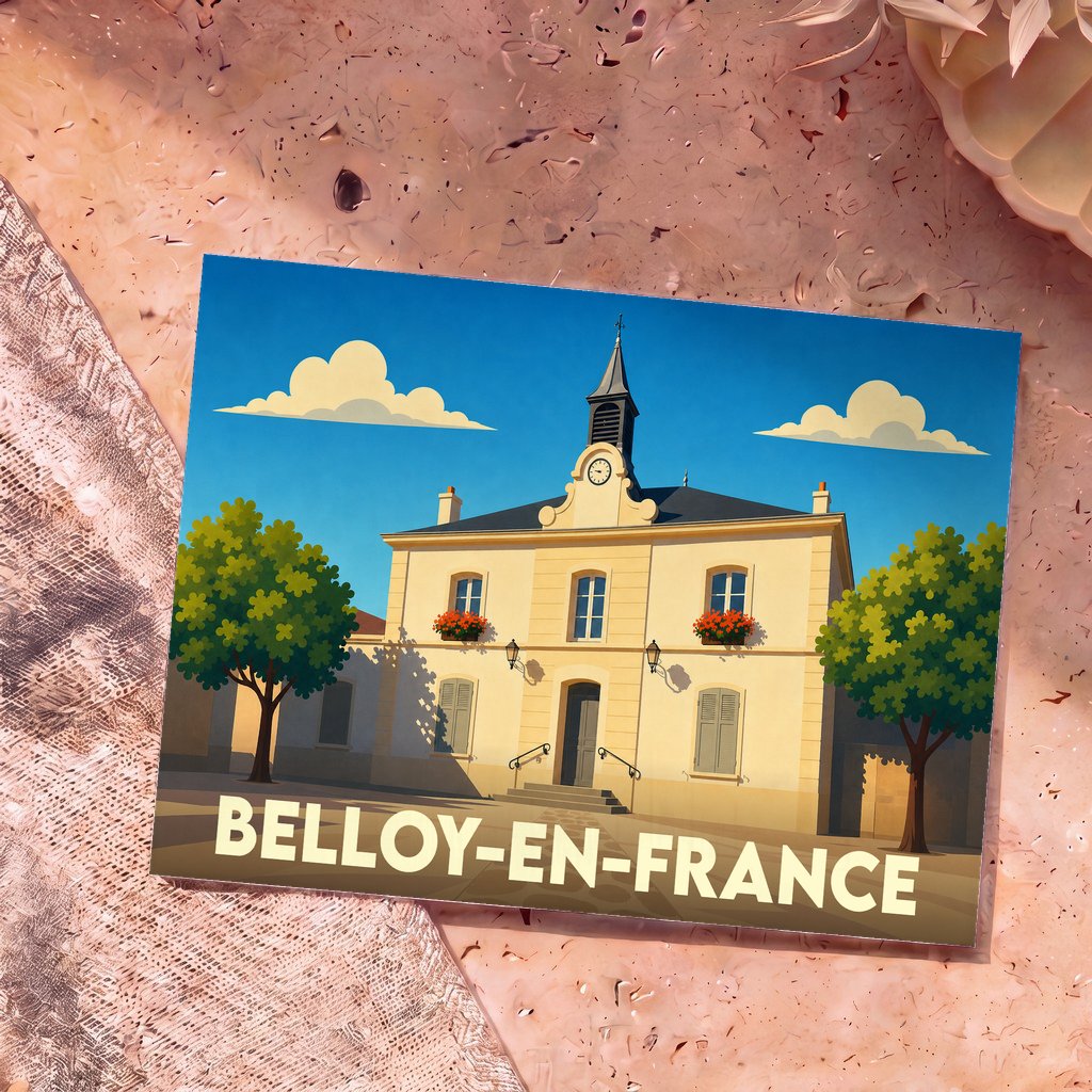 Carte postale souvenir de la ville de Belloy-en-France avec une illustration stylisée de sa mairie.