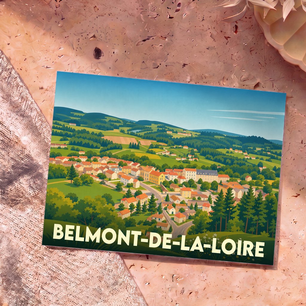 Carte postale souvenir de Belmont-de-la-Loire présentant une illustration colorée et panoramique du village niché dans un paysage verdoyant.