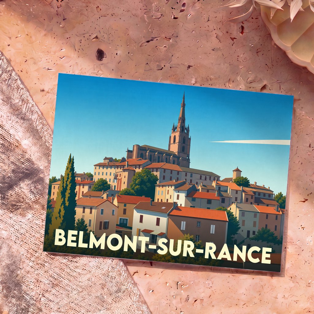 Carte postale souvenir de la ville de Belmont-sur-Rance avec une illustration stylisée de son église dominant le village.