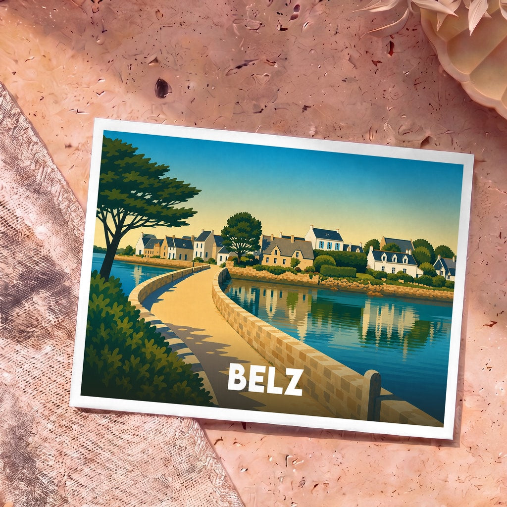 Carte postale souvenir de la ville de Belz avec une illustration stylisée d'un pont en pierre et de maisons côtières.