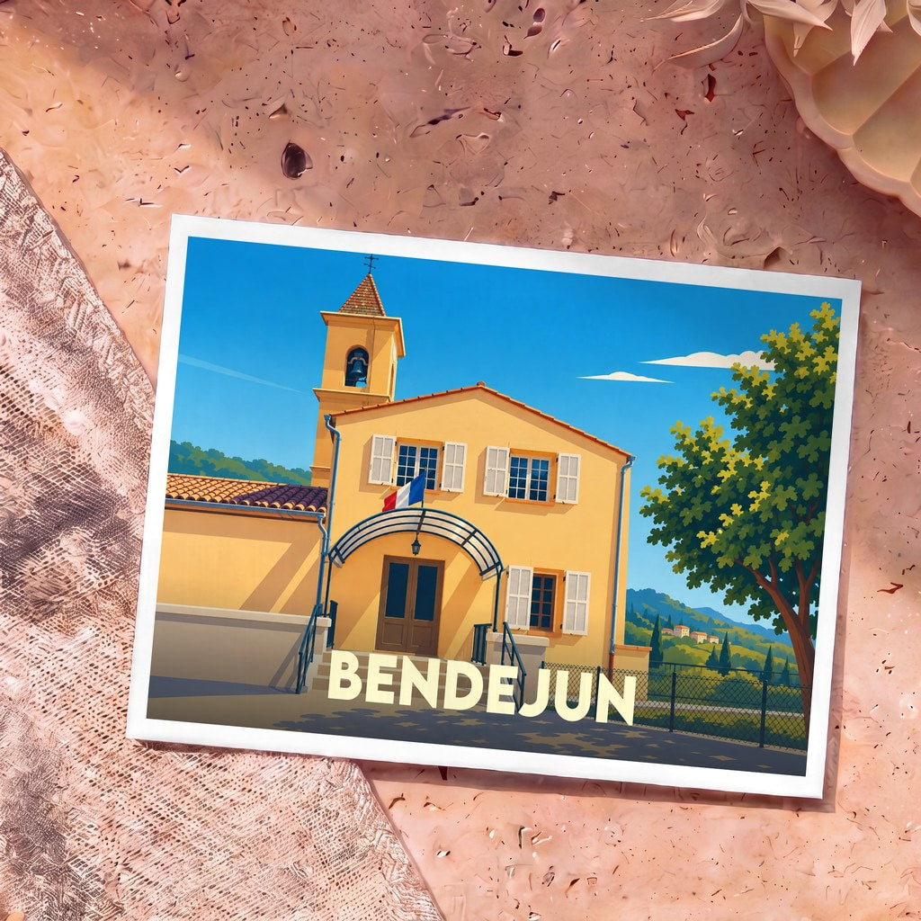 Carte postale souvenir de la ville de Bendejun avec une illustration stylisée de sa mairie.