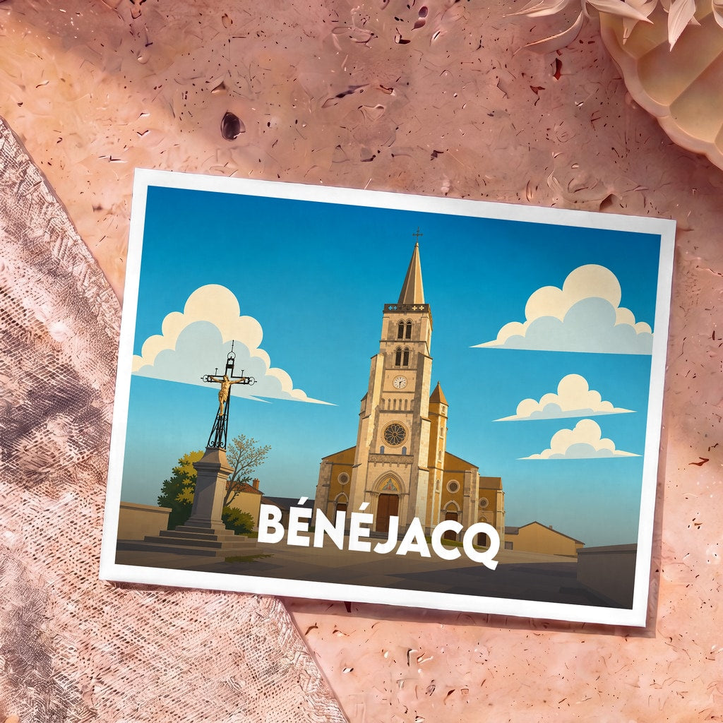 Carte postale souvenir de la ville de Bénéjacq avec une illustration stylisée de son église et d'un calvaire.