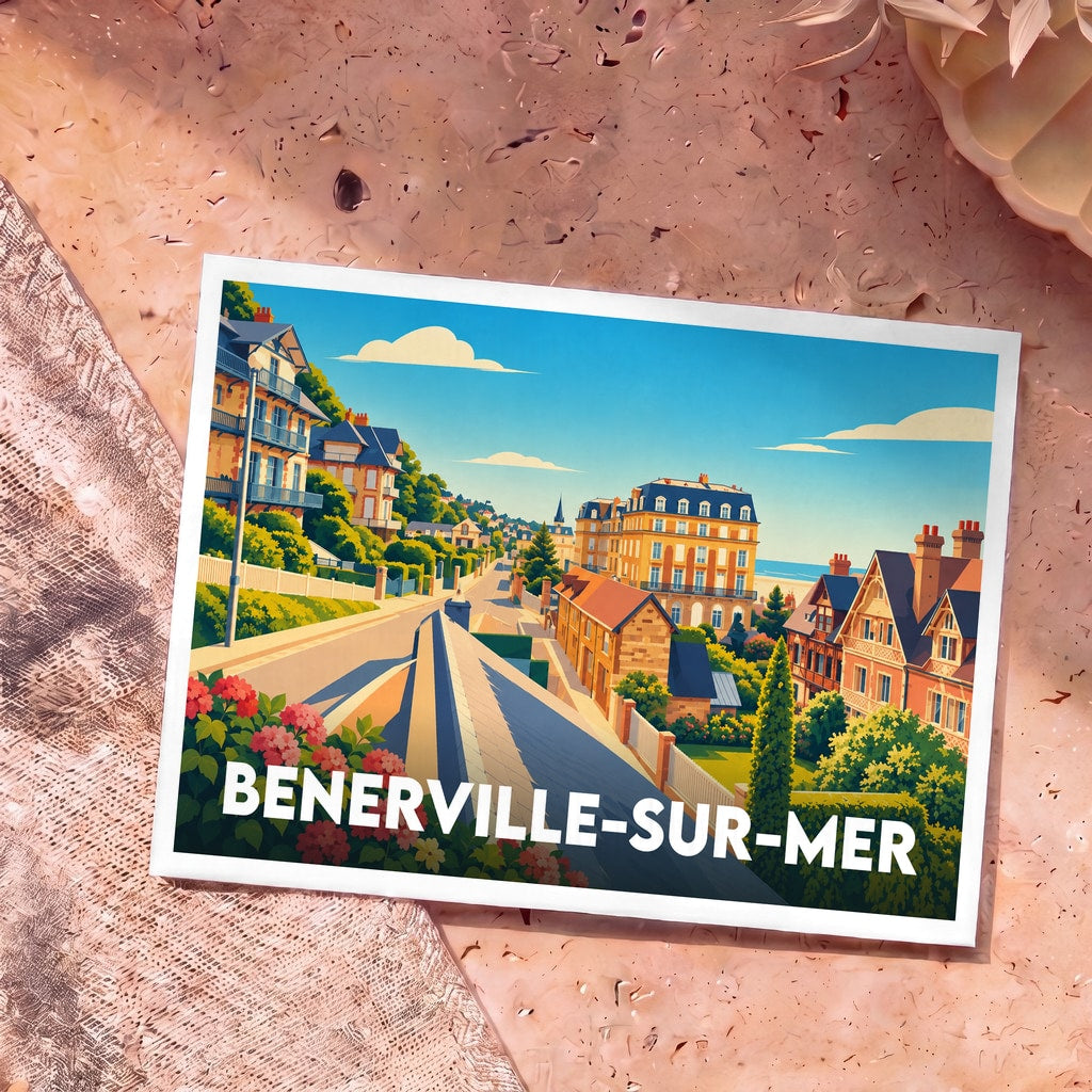 Carte postale souvenir de Benerville-sur-Mer arborant une illustration colorée et stylisée de ses villas côtières.