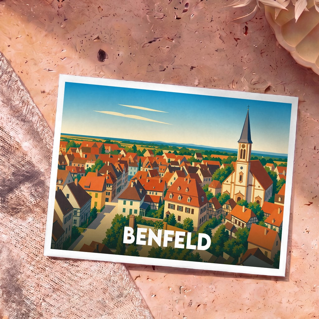 Carte postale souvenir de la ville de Benfeld avec une illustration stylisée et colorée.