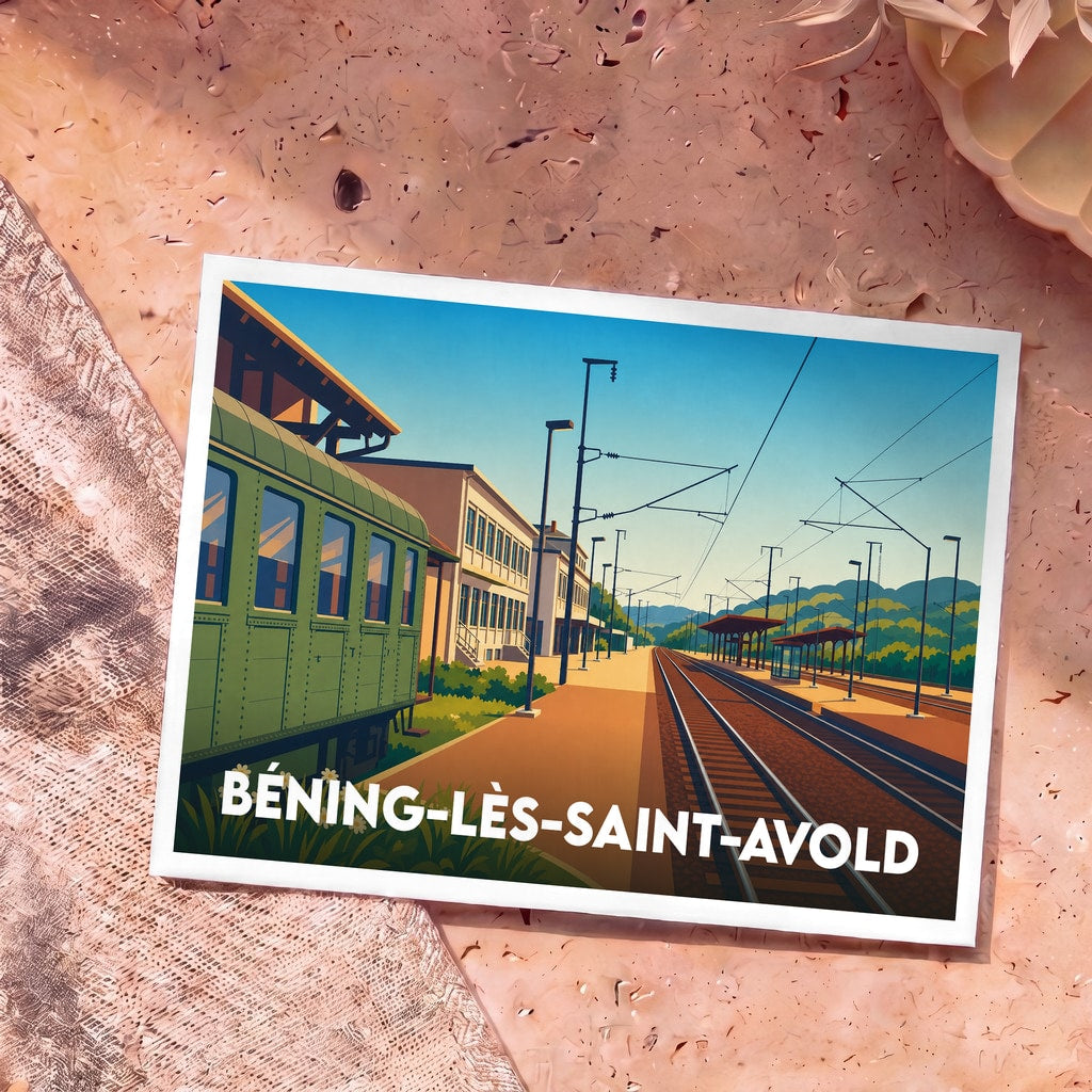 Carte postale souvenir de la ville de Béning-lès-Saint-Avold avec une illustration stylisée de sa gare ferroviaire.
