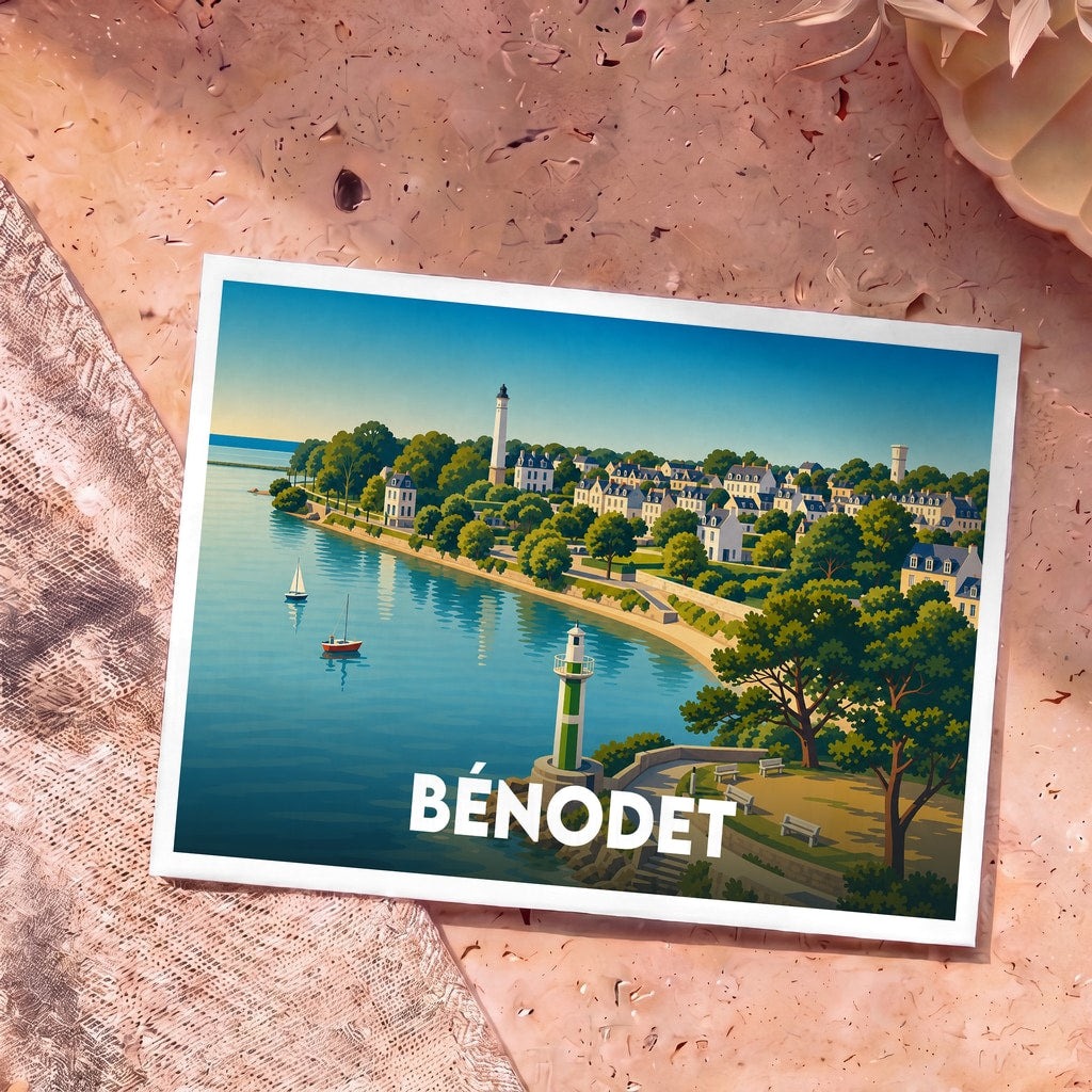 Carte postale souvenir de la ville de Bénodet avec une illustration stylisée de son front de mer.