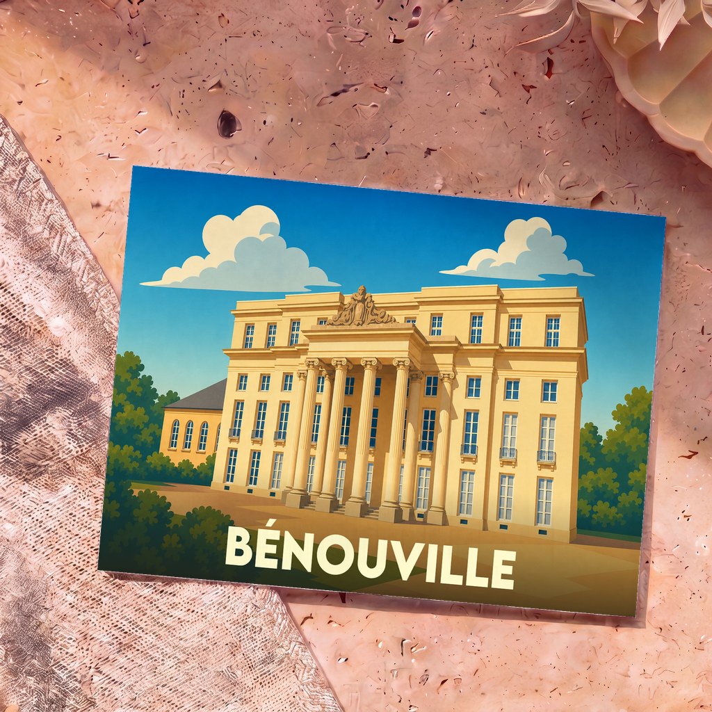 Carte postale souvenir de la ville de Bénouville avec une illustration stylisée de son château.