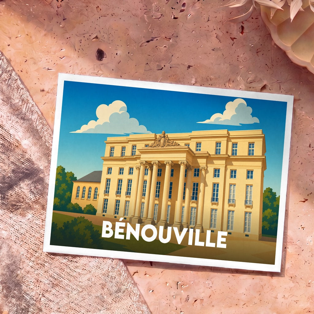 Carte postale souvenir de la ville de Bénouville avec une illustration stylisée de son château.