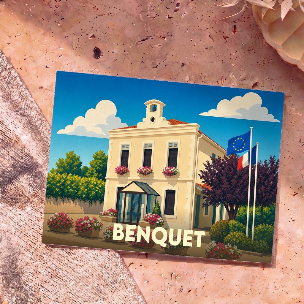 Carte postale souvenir de la ville de Benquet avec une illustration stylisée de sa mairie fleurie.