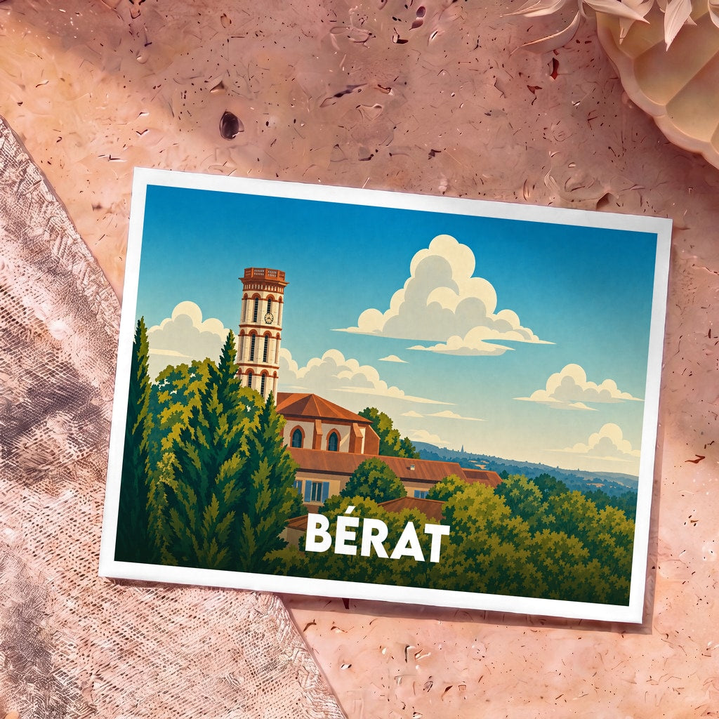 Carte postale souvenir de la ville de Bérat avec une illustration stylisée montrant un clocher entouré de végétation.