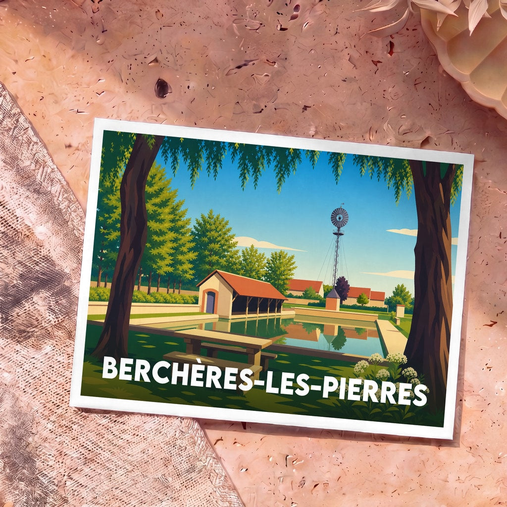 Carte postale souvenir de la ville de Berchères-les-Pierres avec une illustration stylisée de son lavoir et de son éolienne.