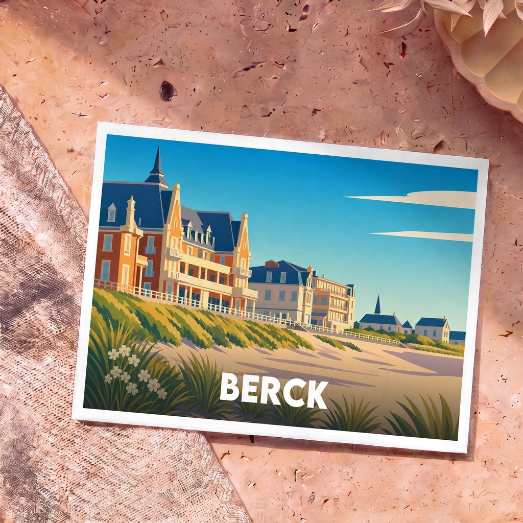 Carte postale souvenir de la ville de Berck avec une illustration stylisée de villas en bord de mer.