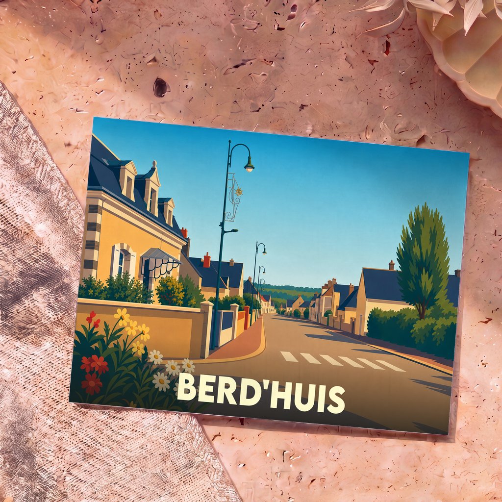 Carte postale souvenir de la ville de Berd'huis avec une illustration stylisée d'une rue ensoleillée.