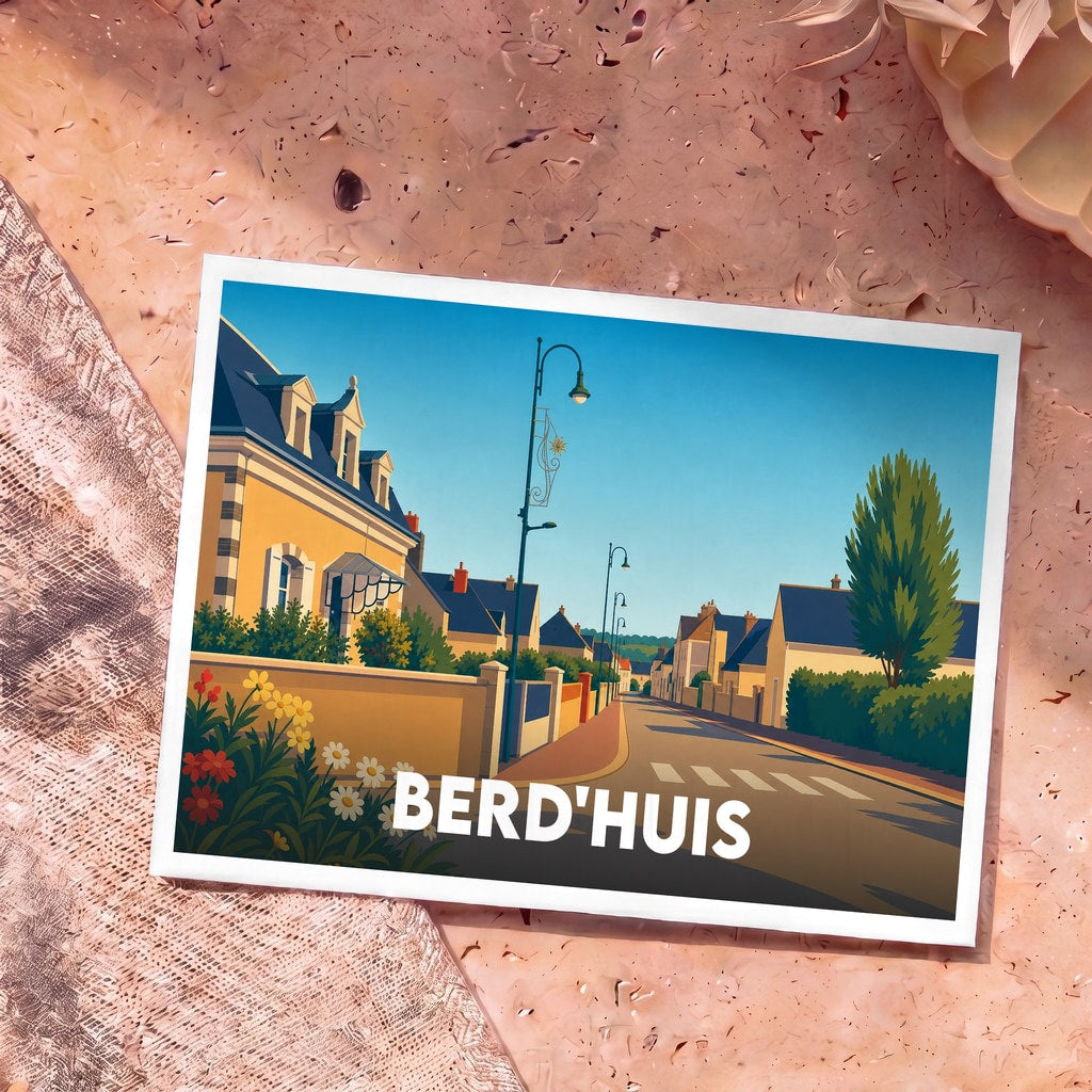 Carte postale souvenir de la ville de Berd'huis avec une illustration stylisée d'une rue ensoleillée.