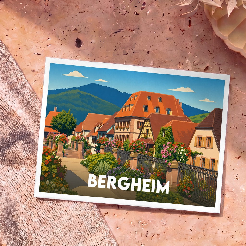 Carte postale souvenir de la ville de Bergheim avec une illustration colorée de maisons à colombages et de jardins fleuris.