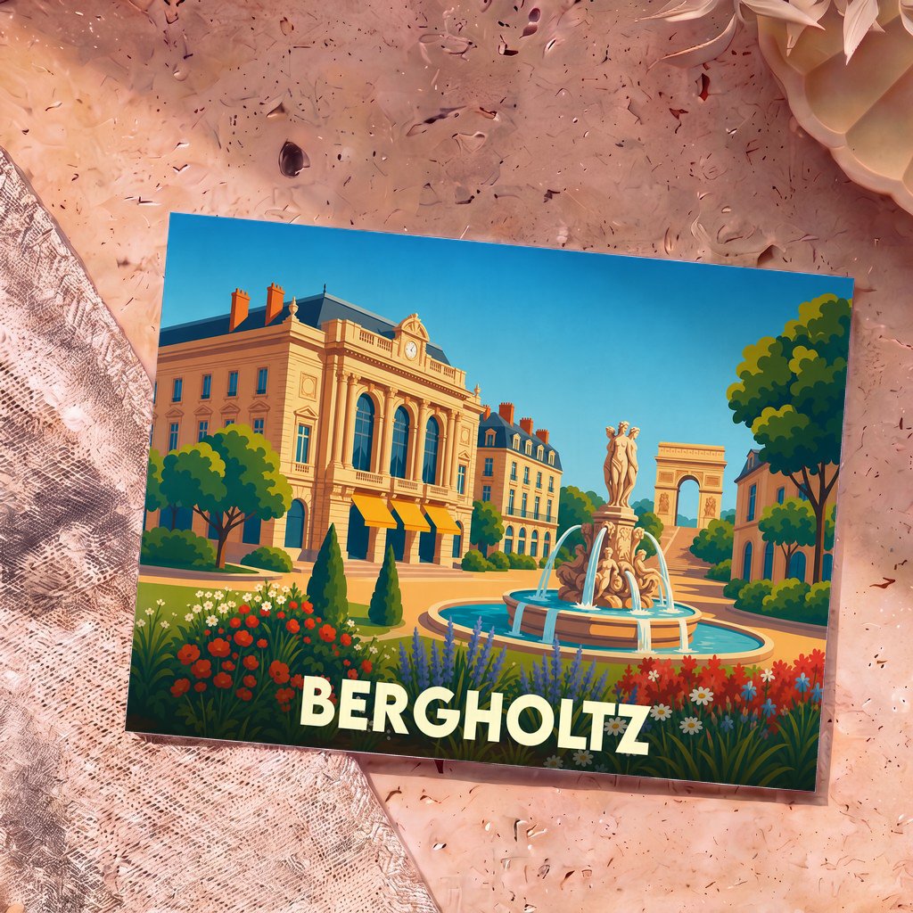 Carte postale souvenir de la ville de Bergholtz illustrée d'une place animée avec une fontaine et une architecture classique.