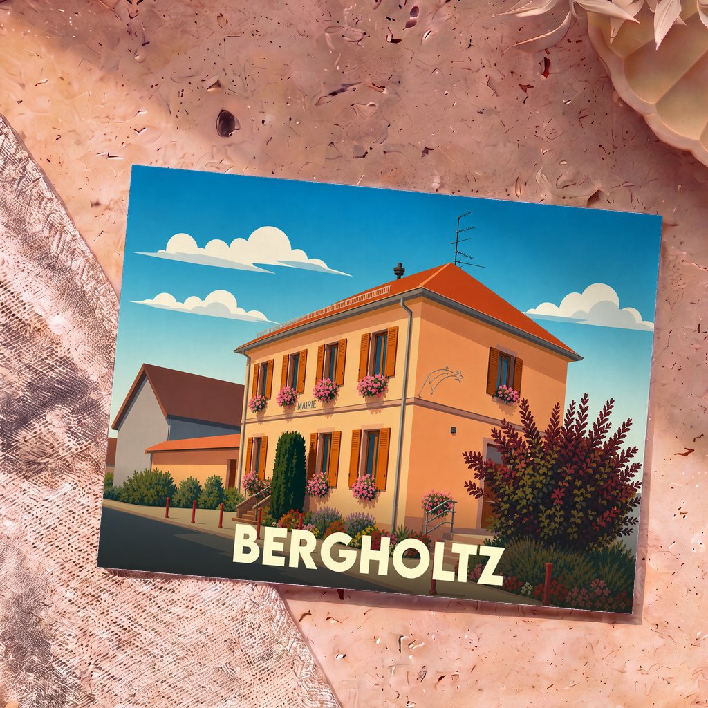 Carte postale souvenir de la ville de Bergholtz illustrant sa mairie fleurie dans un style graphique épuré.