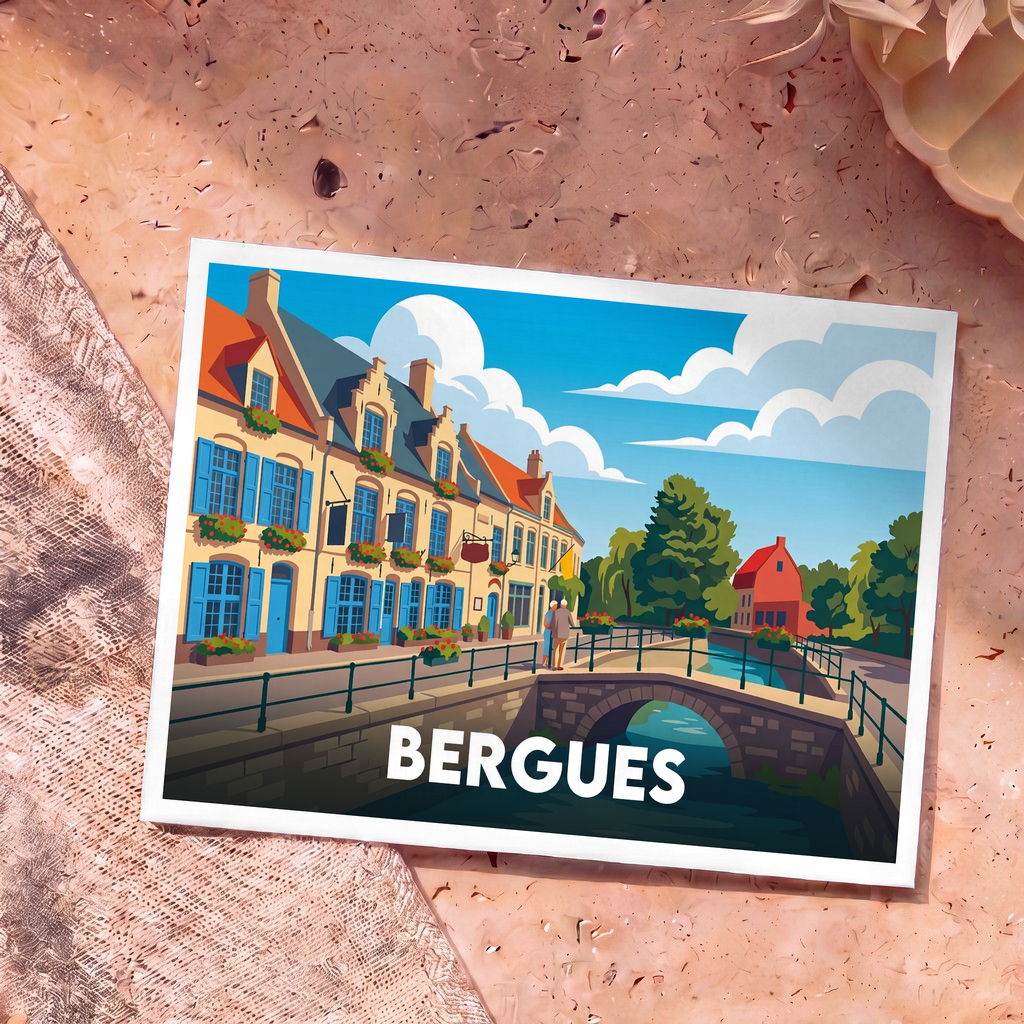 Carte postale souvenir de la ville de Bergues illustrant un canal et des maisons flamandes colorées.