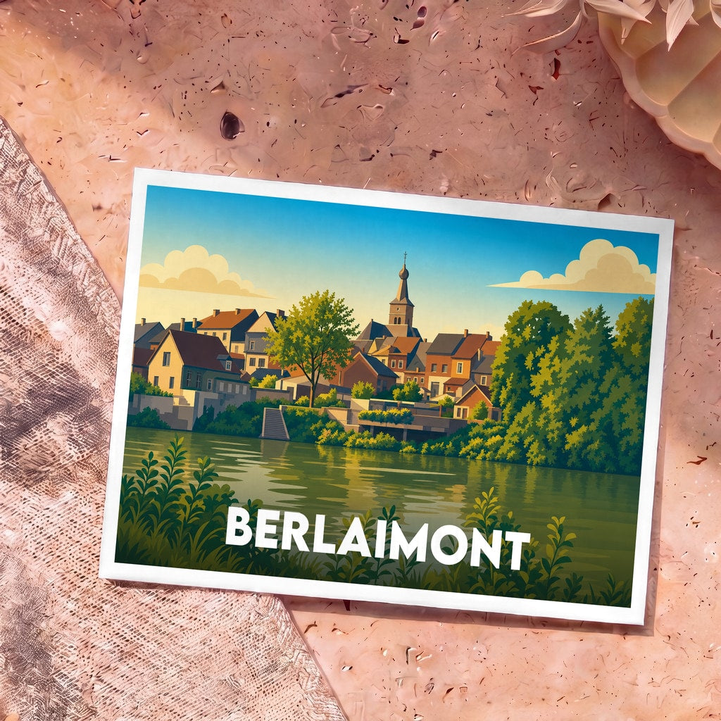 Carte postale souvenir de la ville de Berlaimont avec une illustration stylisée d'un village en bord de rivière.
