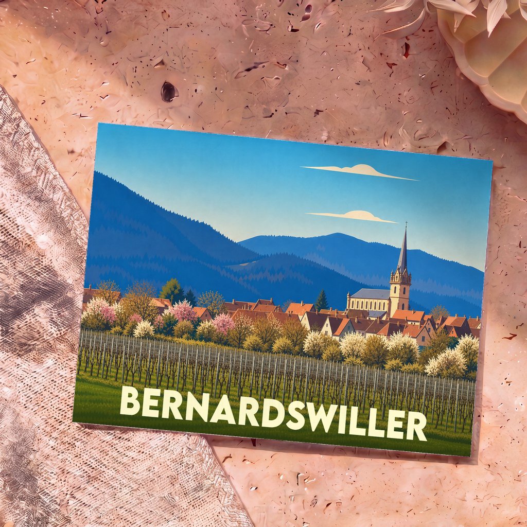 Carte postale souvenir de la ville de Bernardswiller avec une illustration stylisée de son église, de ses vignobles et des montagnes environnantes.
