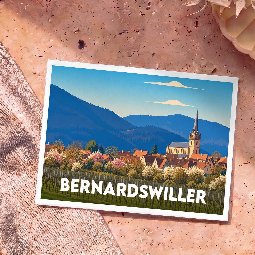 Carte postale souvenir de la ville de Bernardswiller avec une illustration stylisée de son église, de ses vignobles et des montagnes environnantes.