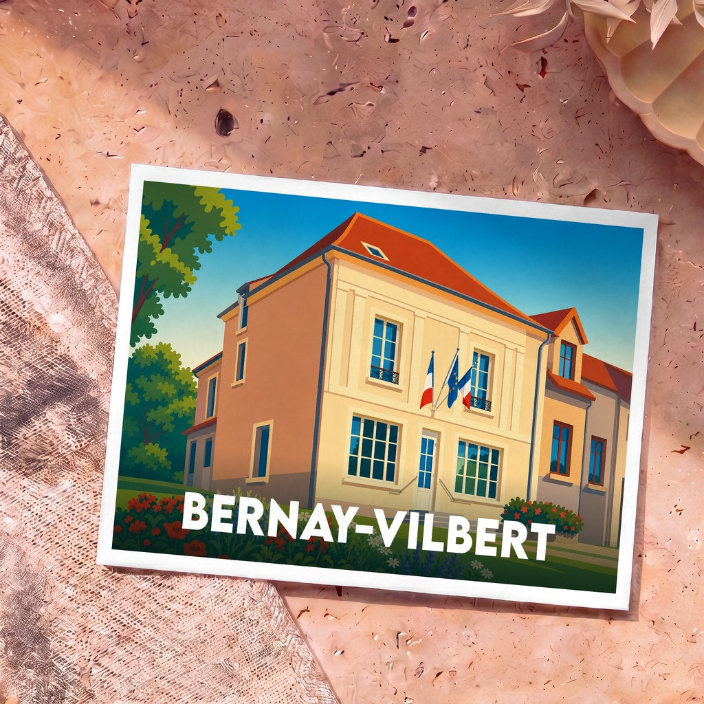 Carte postale souvenir de la ville de Bernay-Vilbert avec une illustration stylisée de sa mairie.