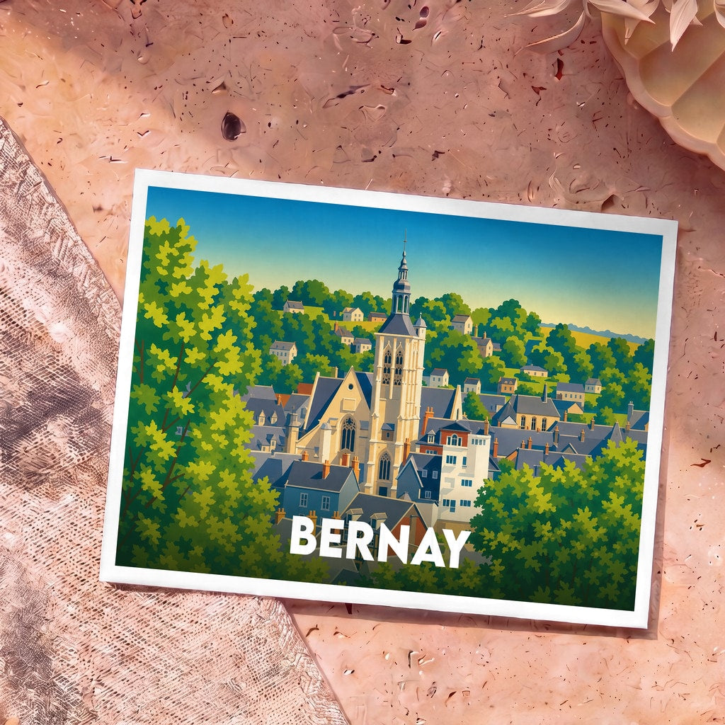 Carte postale souvenir de la ville de Bernay avec une illustration stylisée de son architecture et de sa verdure.