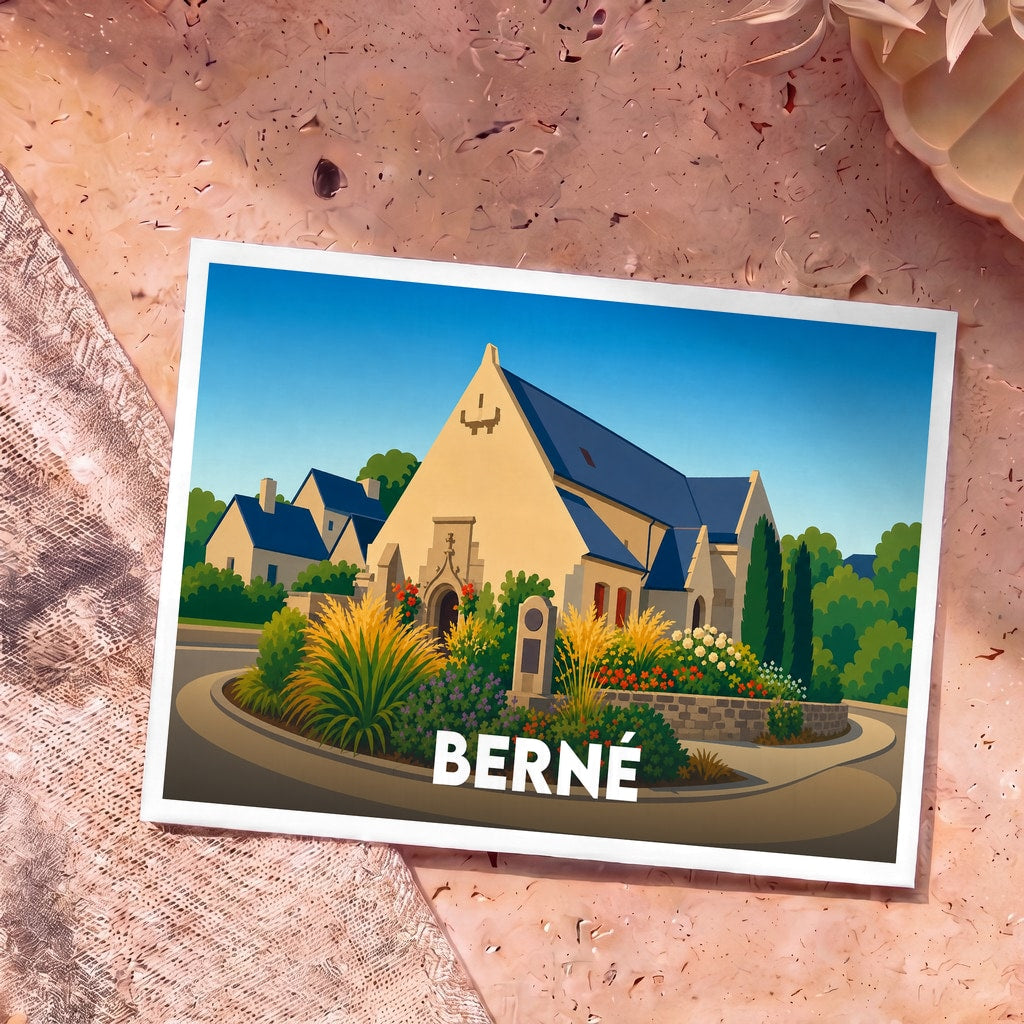 Carte postale souvenir de la ville de Berné avec une illustration stylisée et colorée de son église.