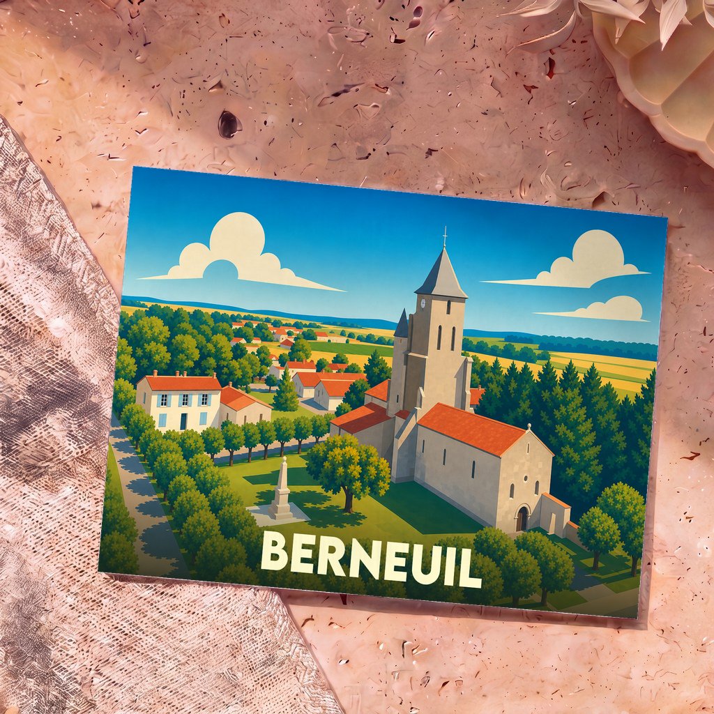 Carte postale souvenir de la ville de Berneuil présentant une illustration stylisée de son église et de son paysage rural.