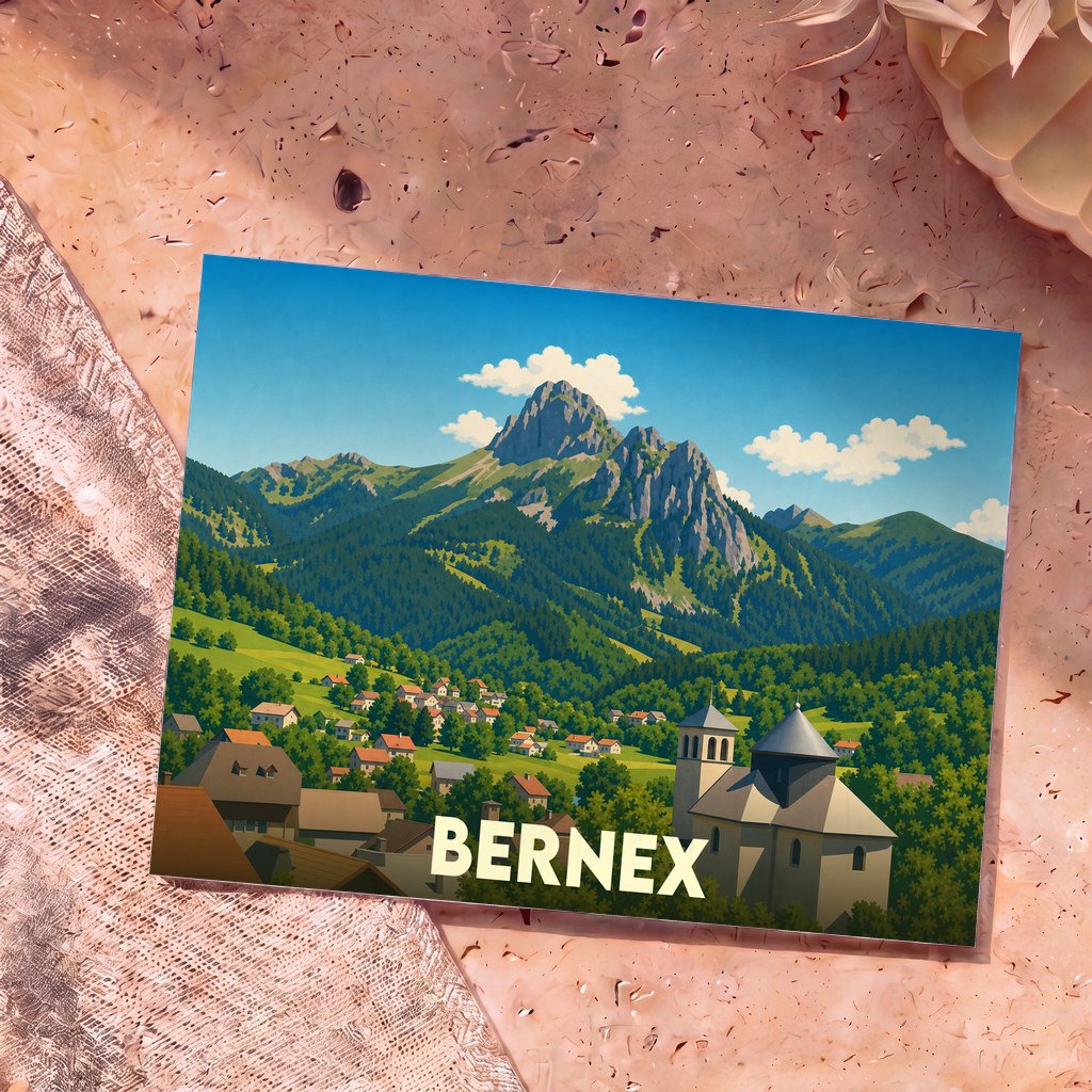 Carte postale souvenir de la ville de Bernex avec une illustration stylisée de ses montagnes et de son village.