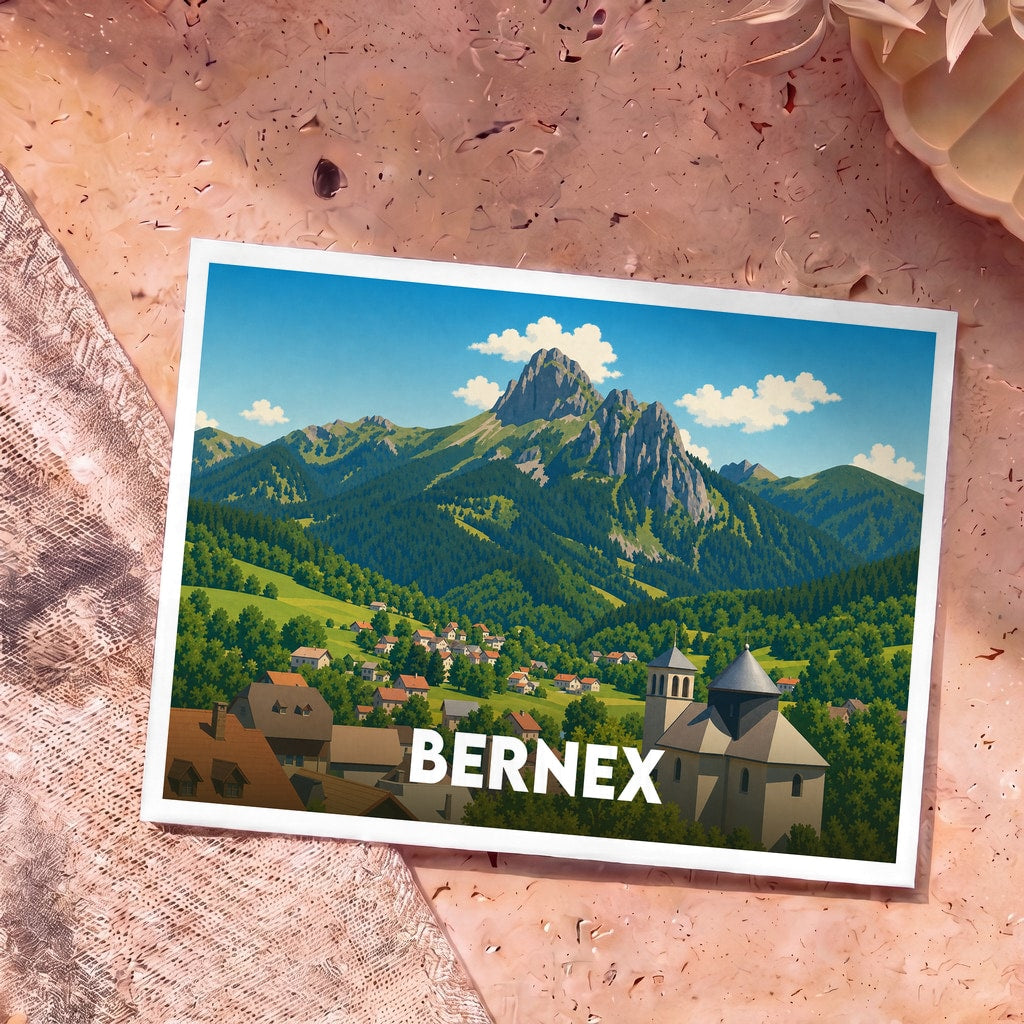 Carte postale souvenir de la ville de Bernex avec une illustration stylisée de ses montagnes et de son village.